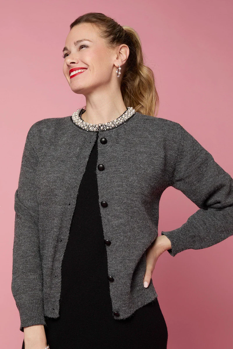 Alayna Cardigan with Pearl Beaded Collar Charcoal Heather L/XL - Image 2