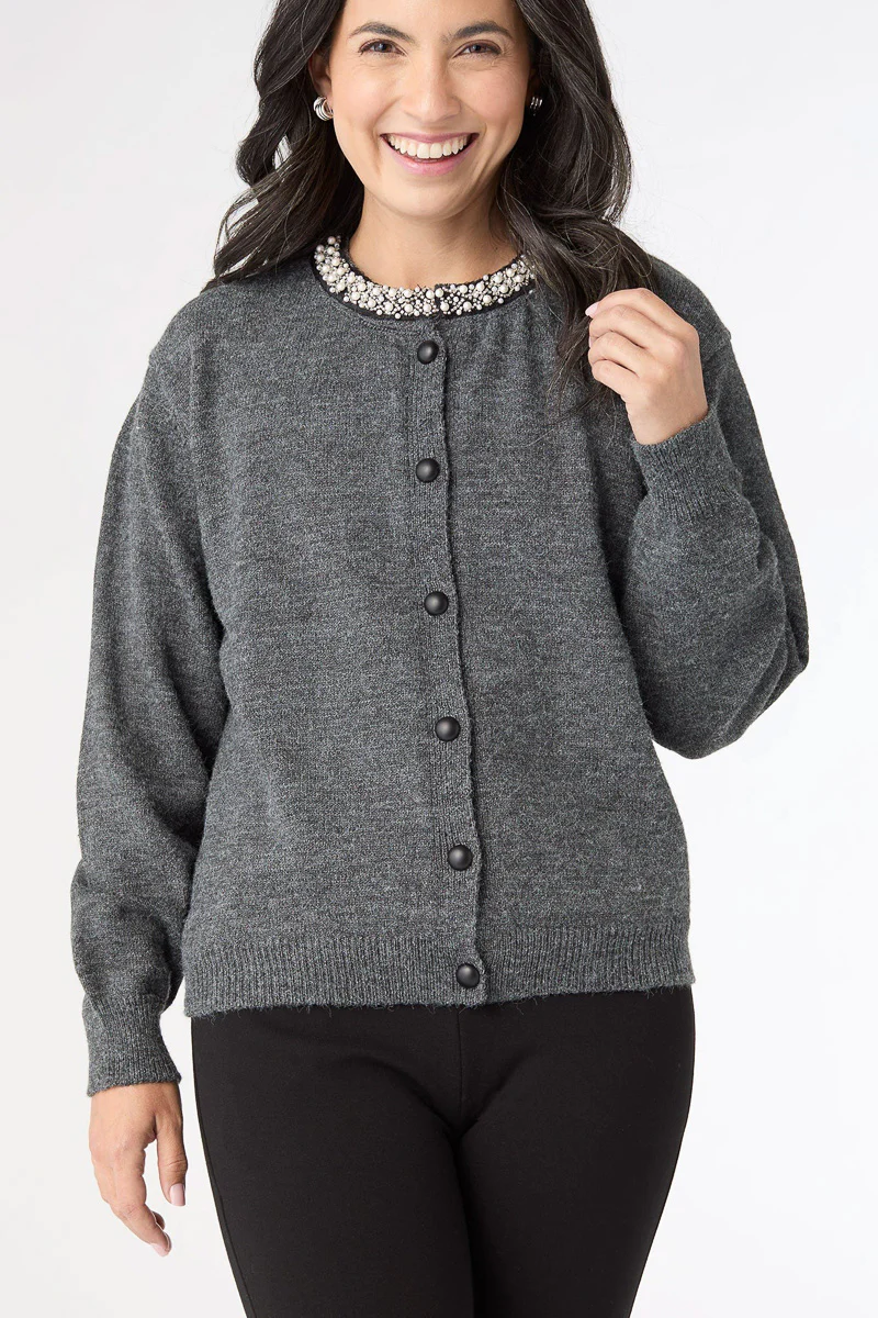 Alayna Cardigan with Pearl Beaded Collar Charcoal Heather L/XL - Image 3