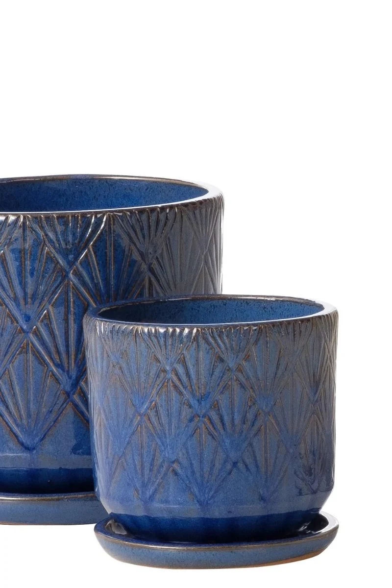 Alfresco Deco Fan Petits Pot with Saucer 5.75" Blue