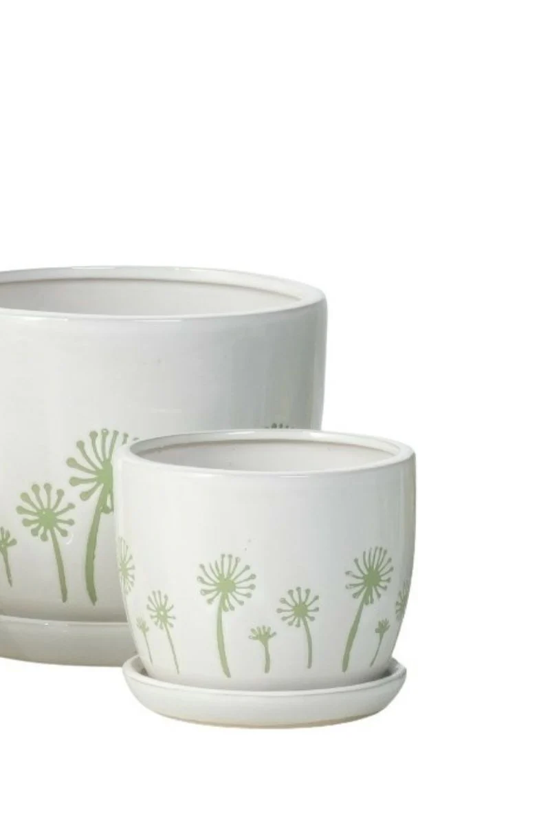 Alfresco Stampa Whisp Petits Pot With Saucer 5.25" White Green