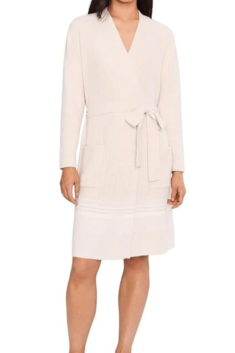 Barefoot Dreams CozyChic Lite Variegated Stripe Ribbed Robe L/XL Sand Dune-Pearl