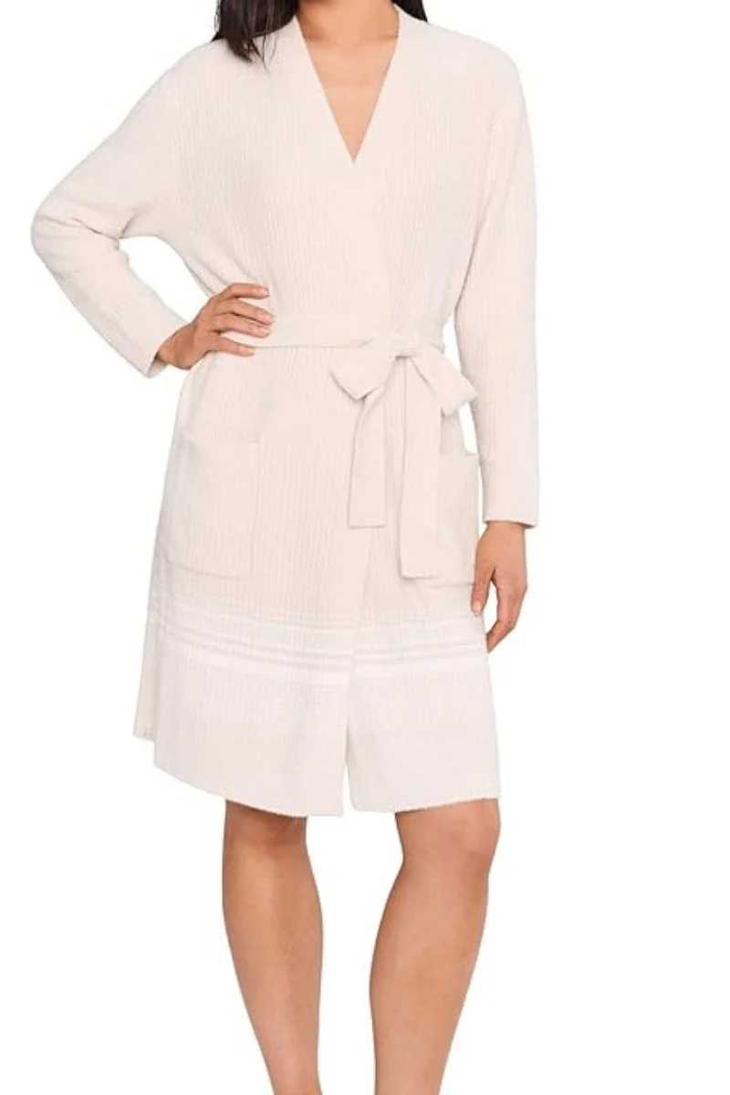 Barefoot Dreams CozyChic Lite Variegated Stripe Ribbed Robe L/XL Sand Dune-Pearl - Image 2