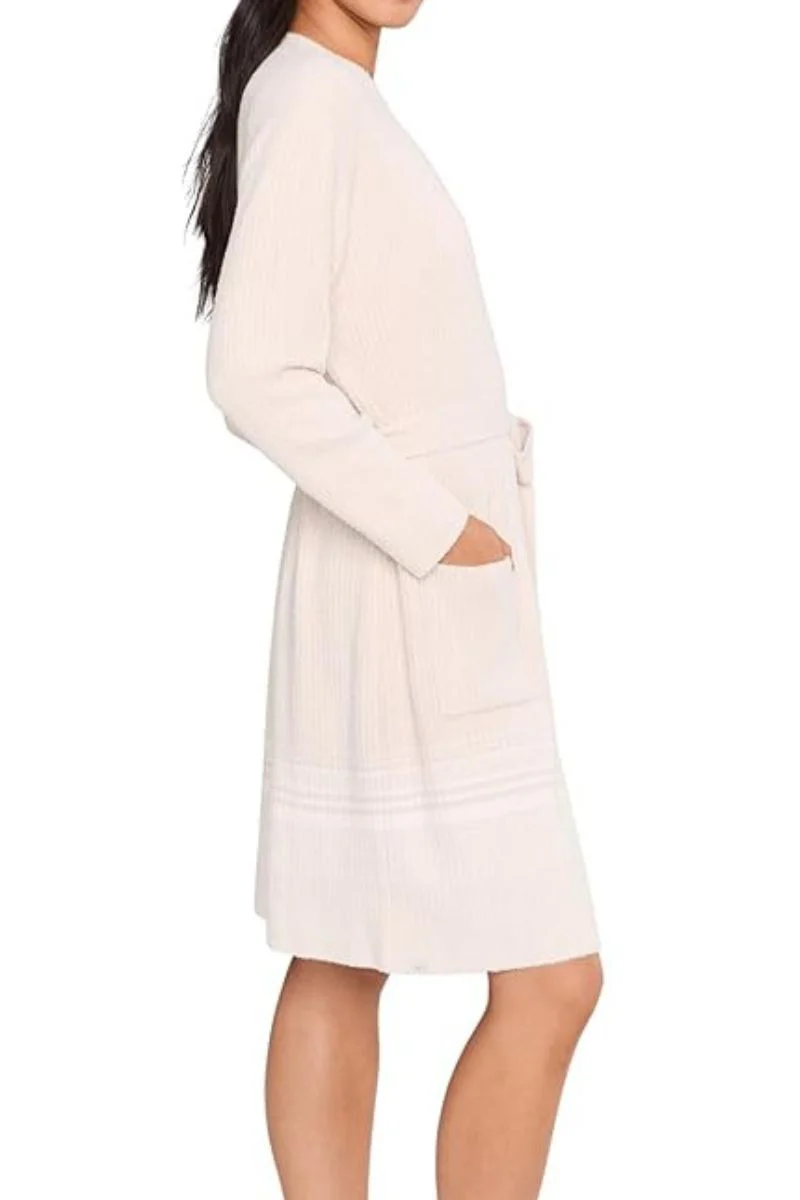 Barefoot Dreams CozyChic Lite Variegated Stripe Ribbed Robe L/XL Sand Dune-Pearl - Image 3