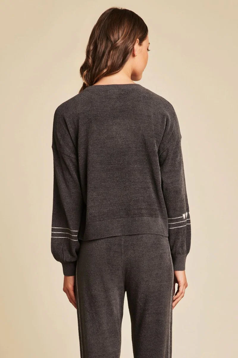 Barefoot Dreams Cozychic Ultra Light Heartbeat Stripe Pullover Extra Large Carbon Sunrise Pink - Image 3