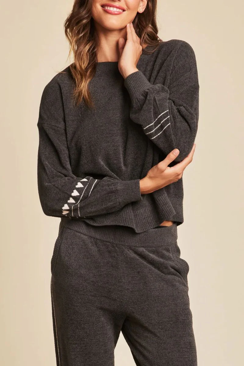 Barefoot Dreams Cozychic Ultra Light Heartbeat Stripe Pullover Large Carbon Sunrise Pink - Image 2