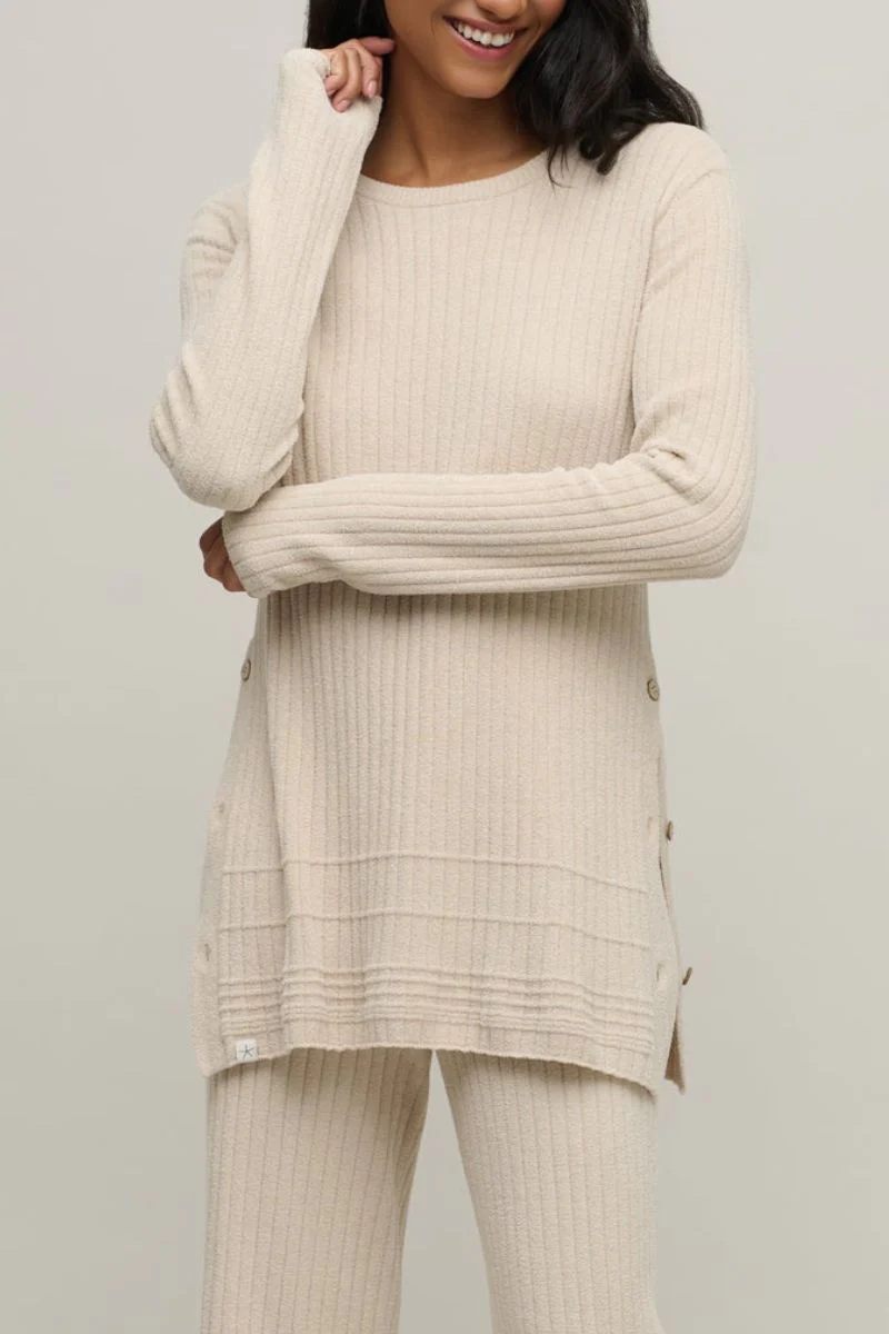 Barefoot Dreams CozyChic Ultra Lite Textured Rib Pullover with Buttons Large Stone - Image 4