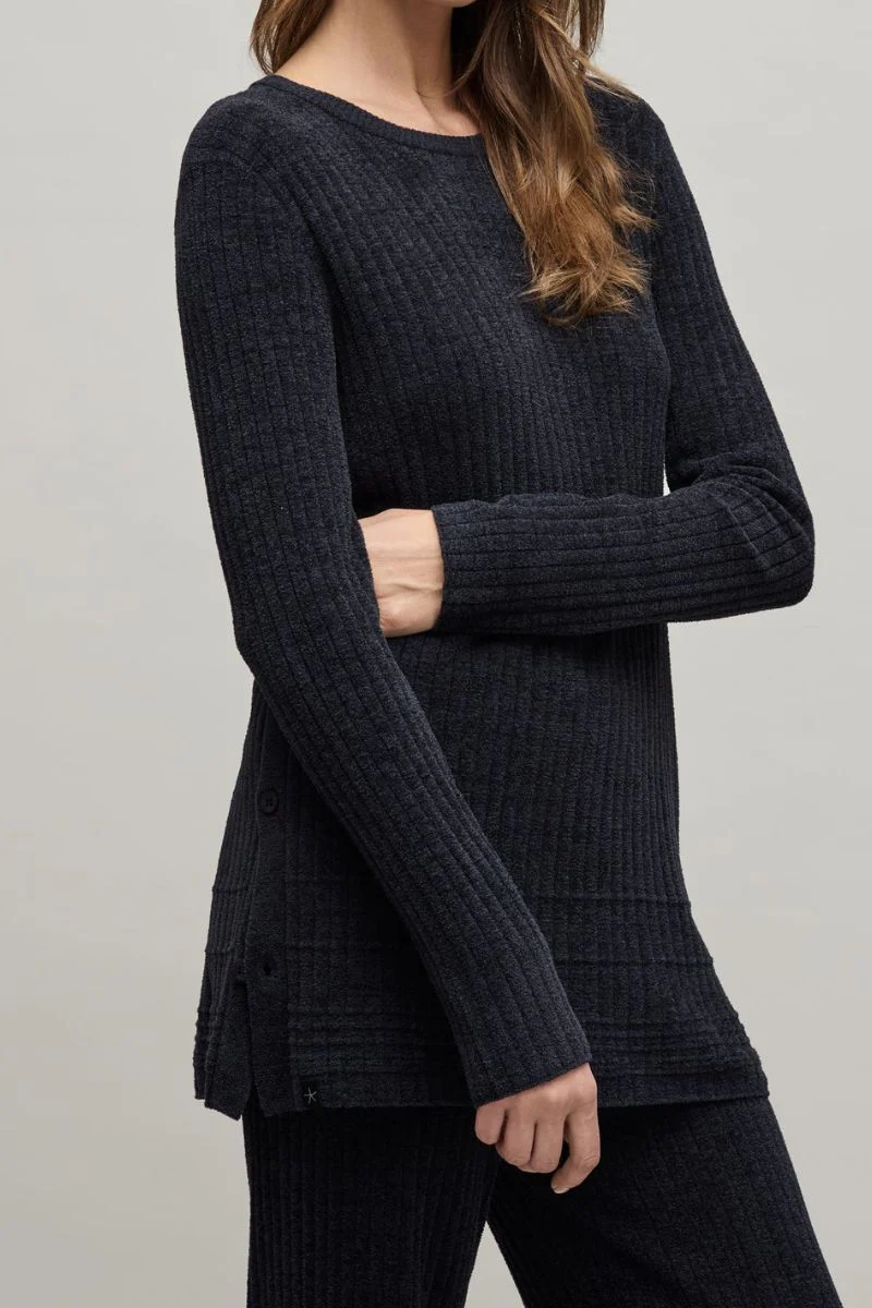Barefoot Dreams CozyChic Ultra Lite Textured Rib Pullover with Buttons Small Black - Image 2