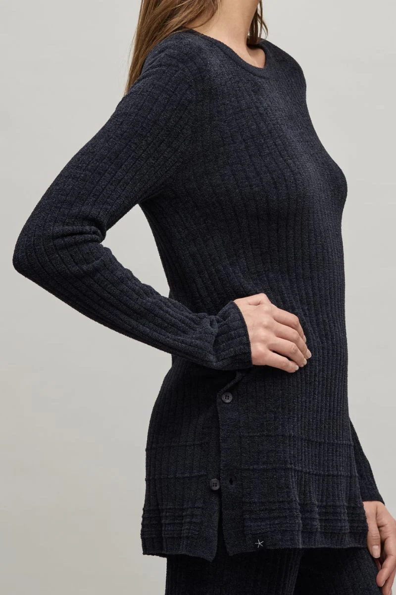 Barefoot Dreams CozyChic Ultra Lite Textured Rib Pullover with Buttons Small Black - Image 3