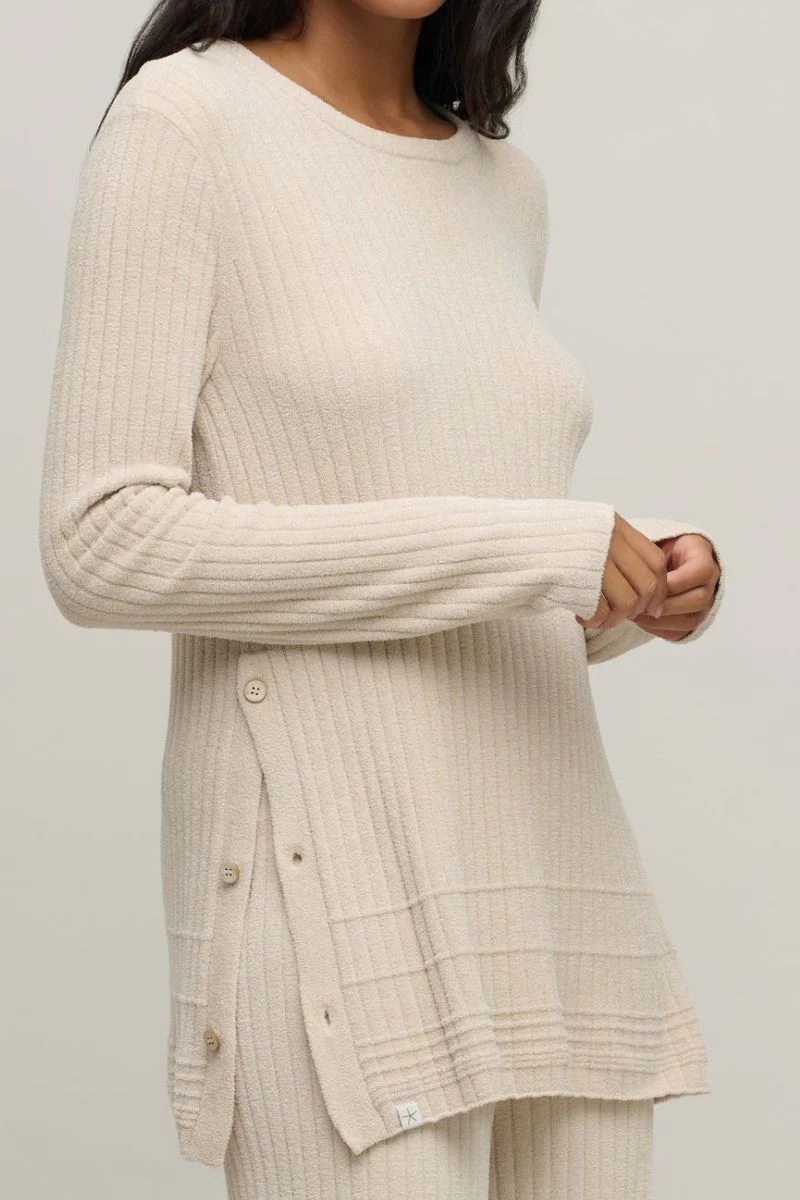 Barefoot Dreams CozyChic Ultra Lite Textured Rib Pullover with Buttons XL Stone - Image 3