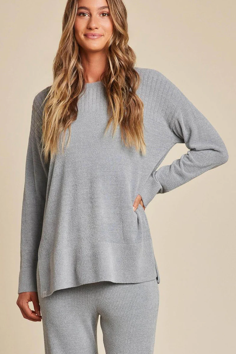 Barefoot Dreams Woman's CozyChic Ultra Lite Crewneck With High Slits Medium Moonbeam