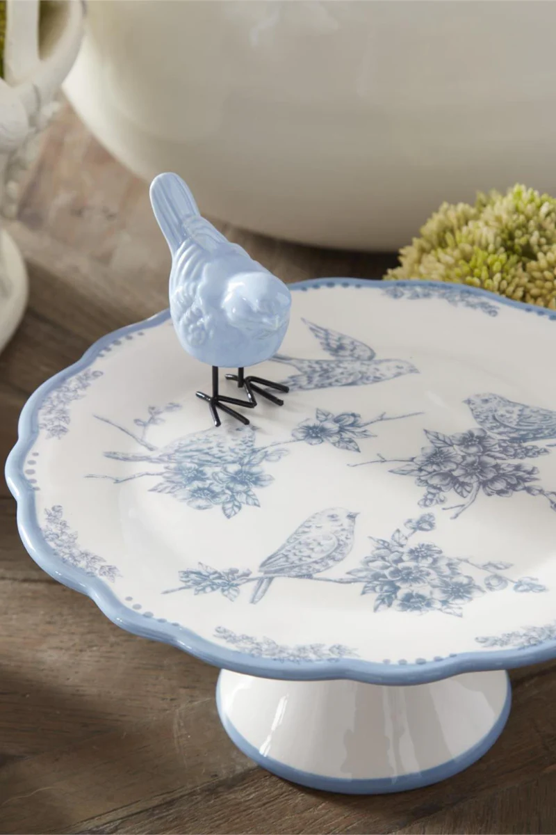 Bird Cake Stand 8.25" Blue & White
