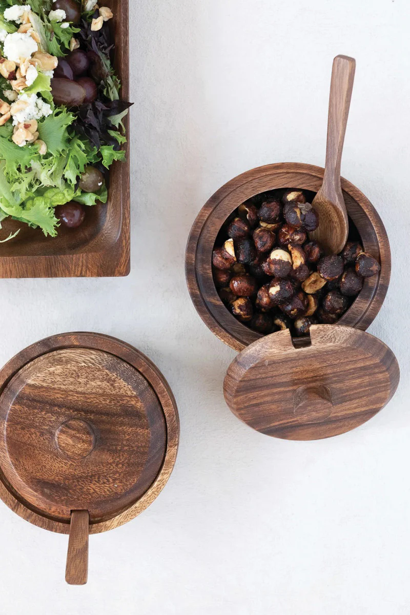 Creative Co-Op Acacia Wood Covered Bowl with Spoon Set