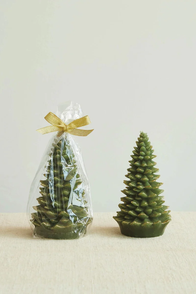 Tree Shaped Candle Unscented Green Gold Tips 7"