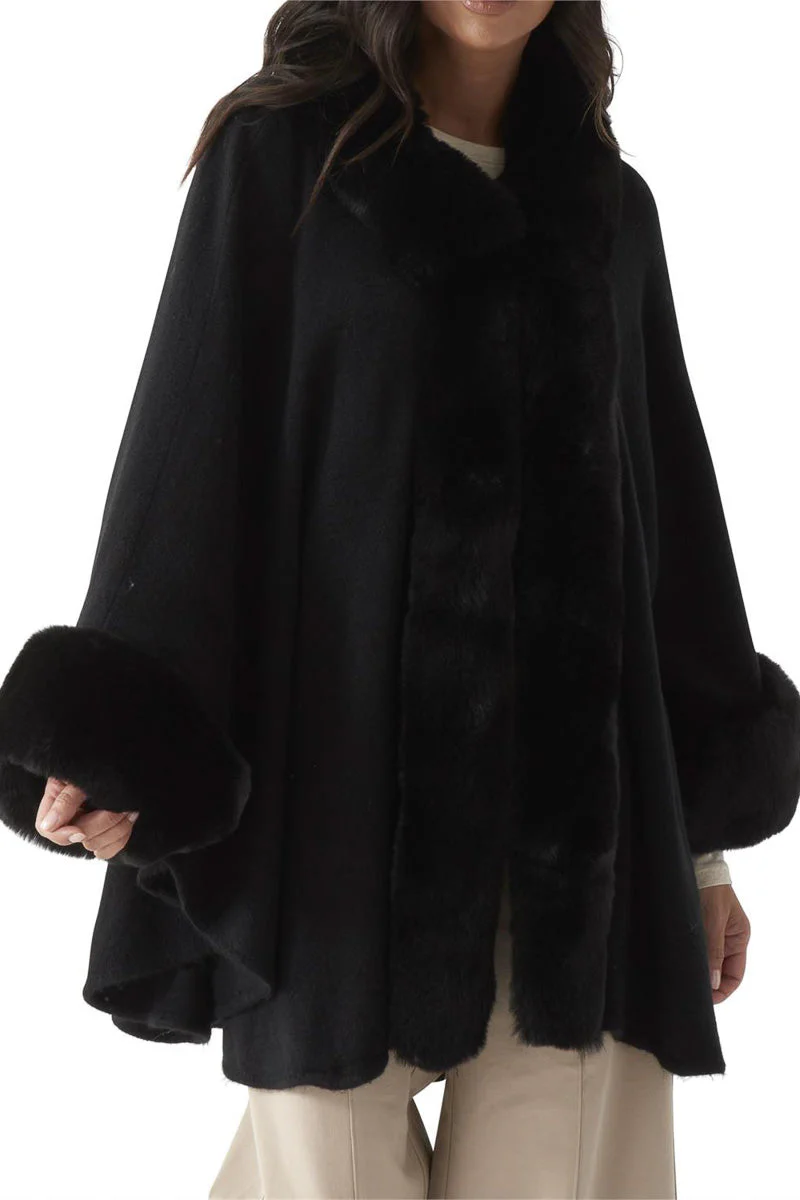 Cape with Sleeves & Faux Fur Trim Black