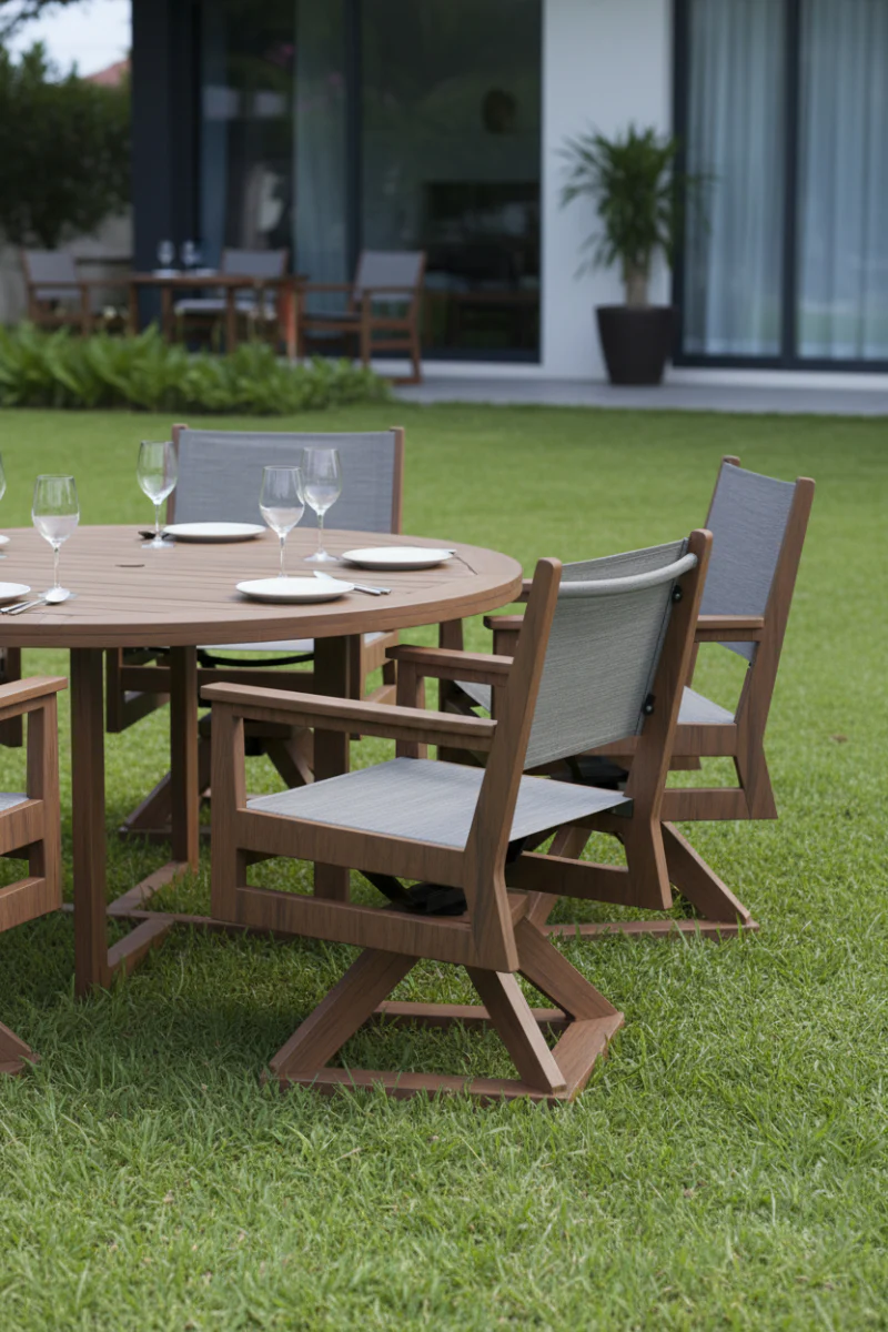 Berlin Gardens Sling Swivel Rocker Dining Chair Elevation Stone on Brazilian Walnut