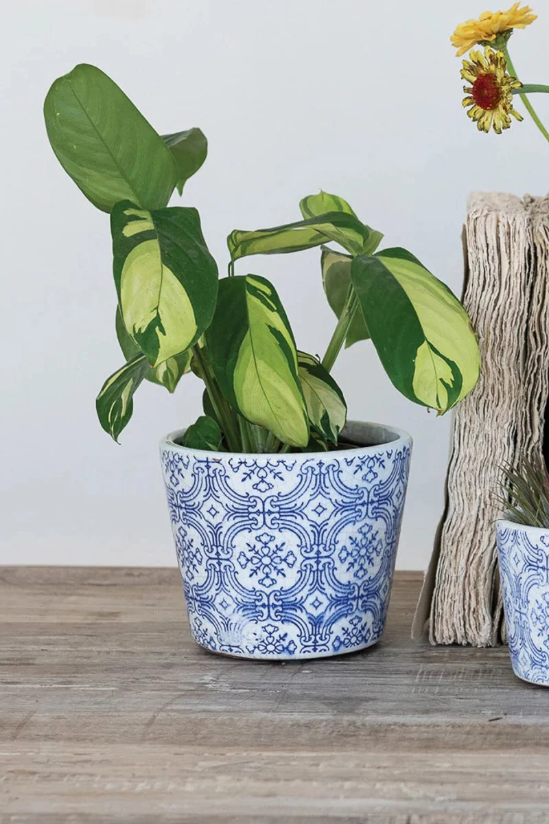 Creative Co-Op Tile Pattern Planter 5.5" Blue & White