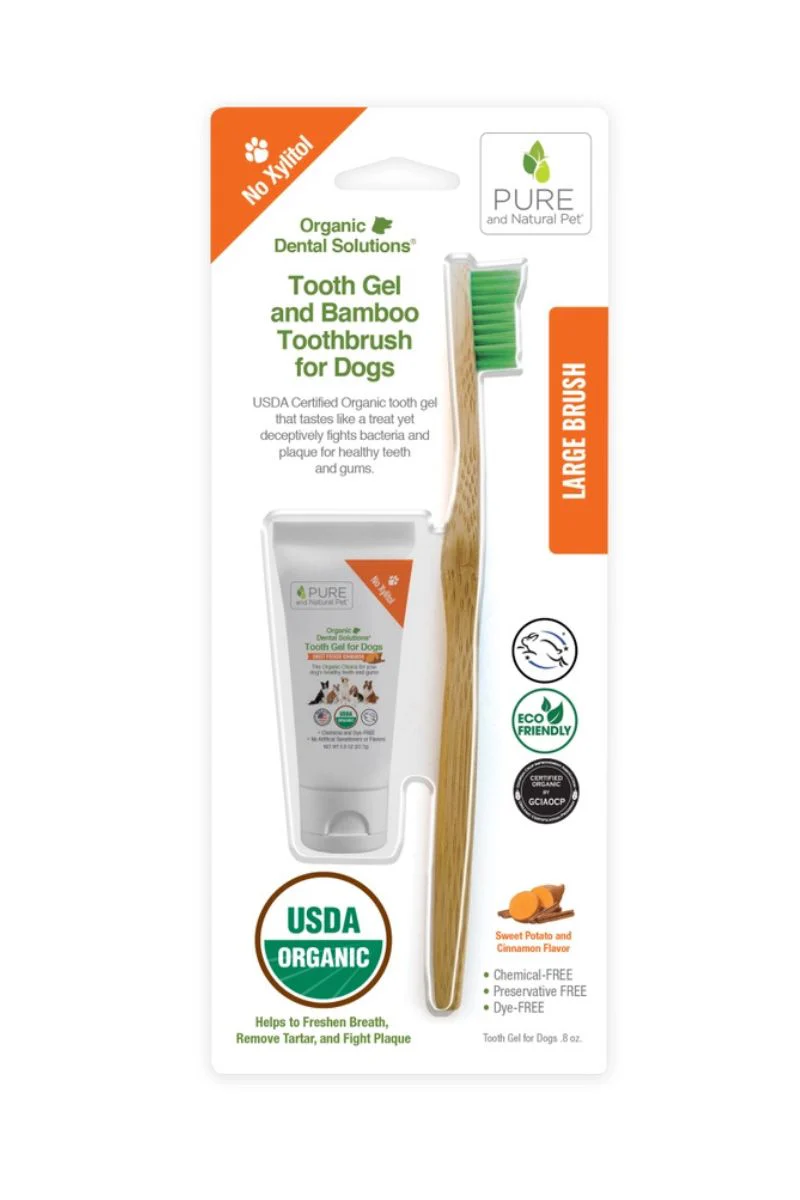 Pure & Natural Pet Organic Dental Tooth Gel w/ Eco-Friendly Bamboo Toothbrush Large