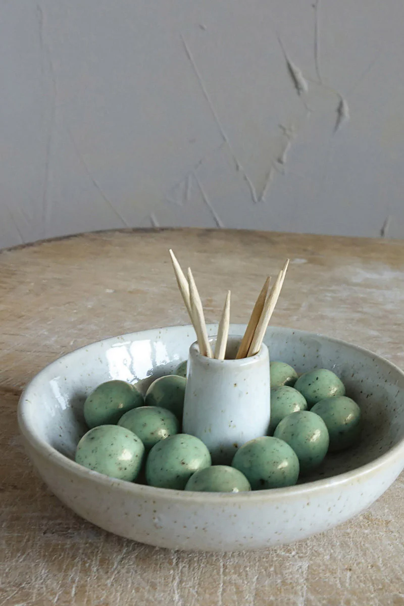 Creative Co-Op Stoneware Dish with Toothpick Holder