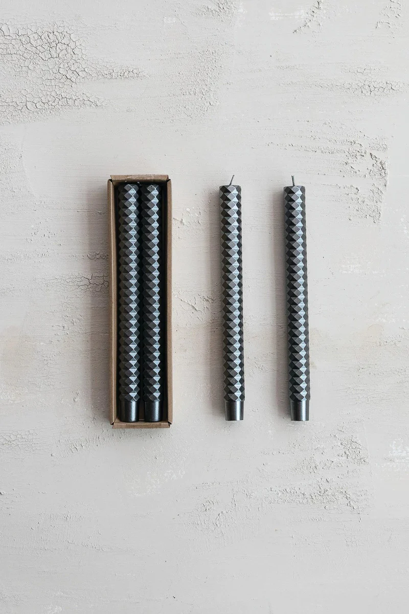 Faceted Taper Candles 10" Platinum Set of 2
