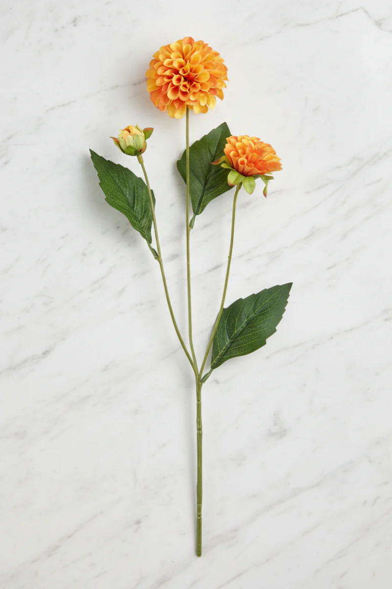 Faux Dahlia Spray 20" with 2 Flowers and 1 Bud Yellow Orange