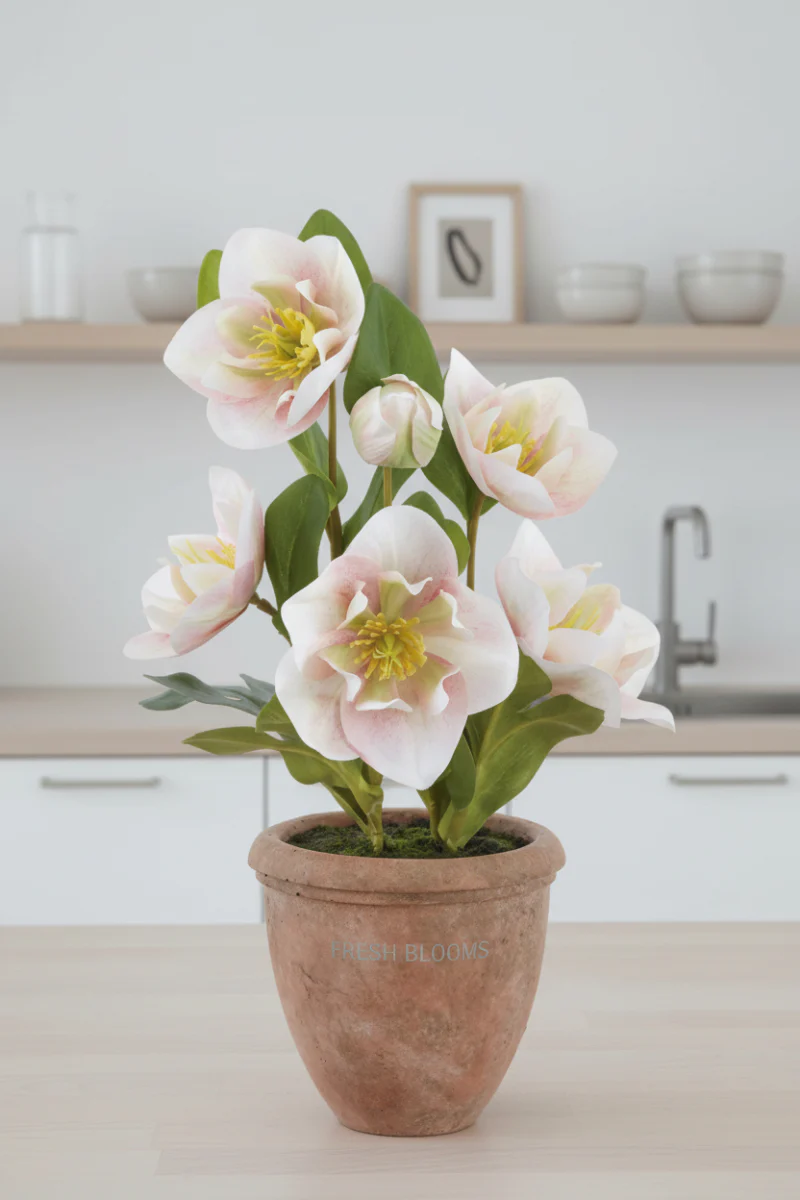 Faux Helleborus in Terra Cotta Pot 12" Pink & Green