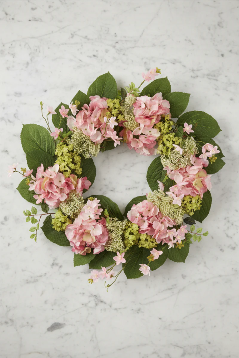 Faux Hydrangea, Snowball Blossom Wreath 21" Pink & Green