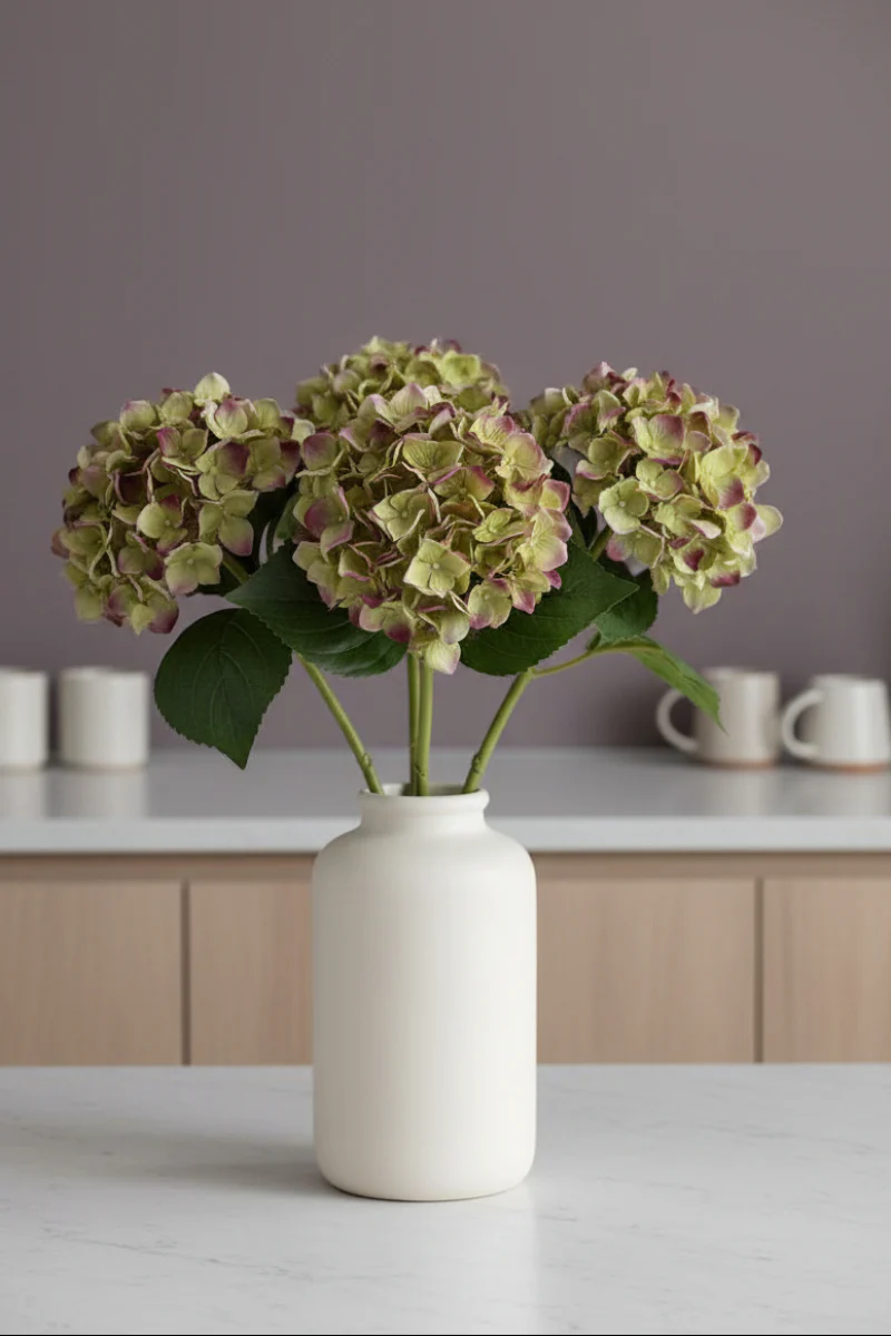Faux Hydrangea Stem 18" Green Purple