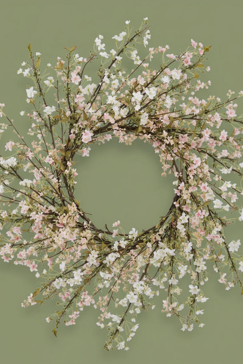 Faux Mini Cherry Blossom Wreath 35" White & Pink