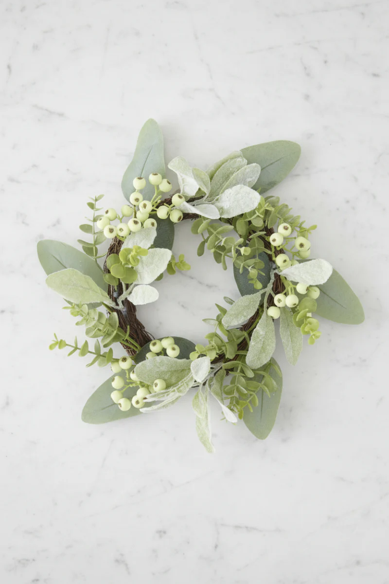 Faux Mixed Green Foliage With Berries Candle Ring 13"