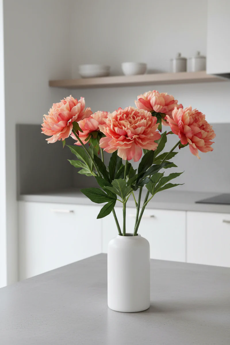 Faux Peony Spray 28" Salmon Peach
