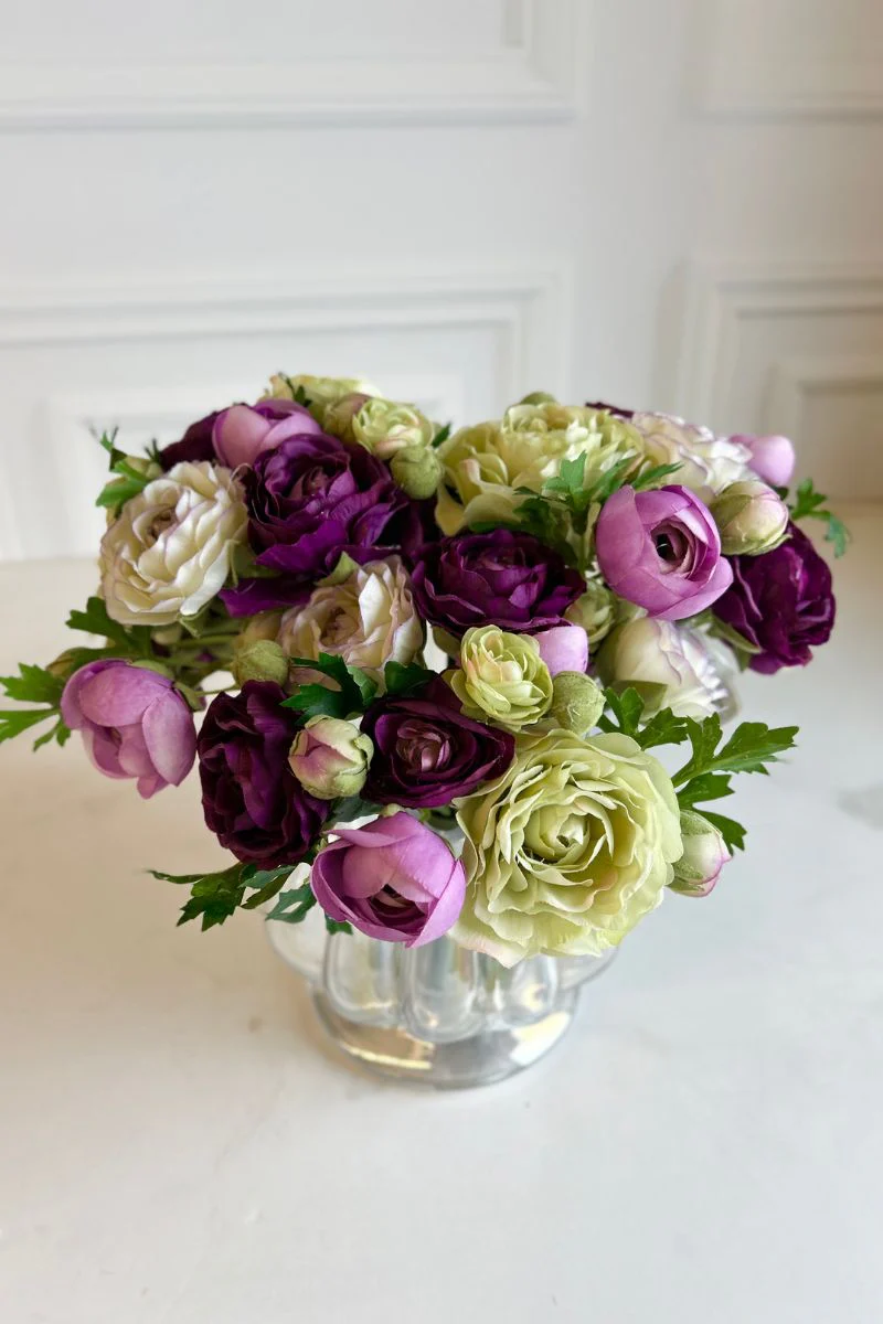 Faux Ranunculus Bouquet 9" Purple & Green
