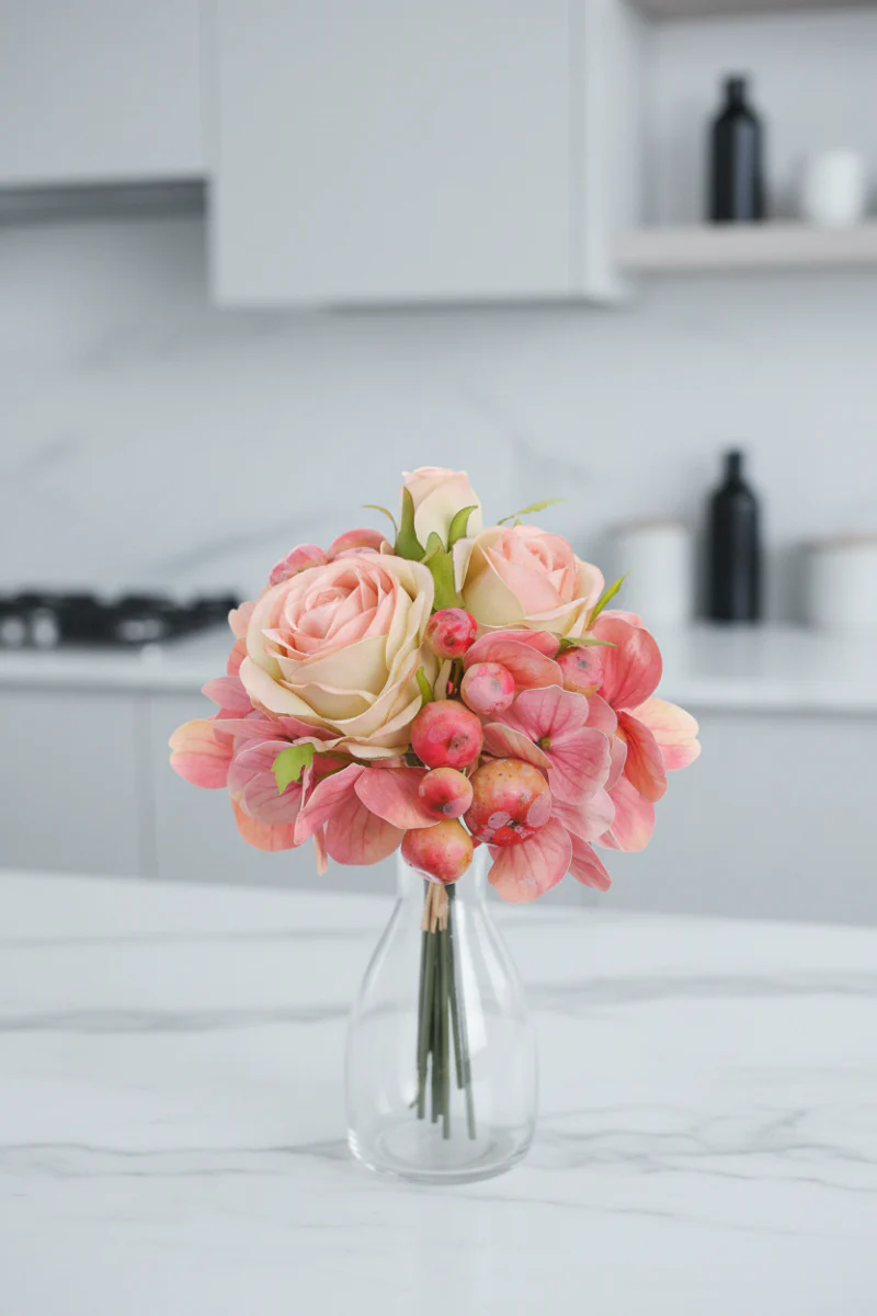 Faux Rose & Hydrangea Bouquet 7" Two Tone Pink