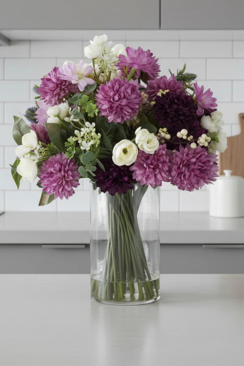 Faux Spring Perennial Bouquet in Vase 16" Purple & White