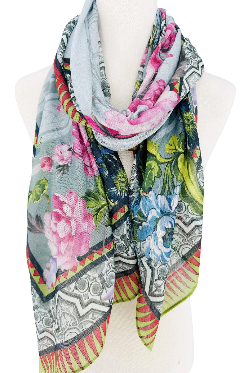 Floral Border Scarf Aqua & Pink