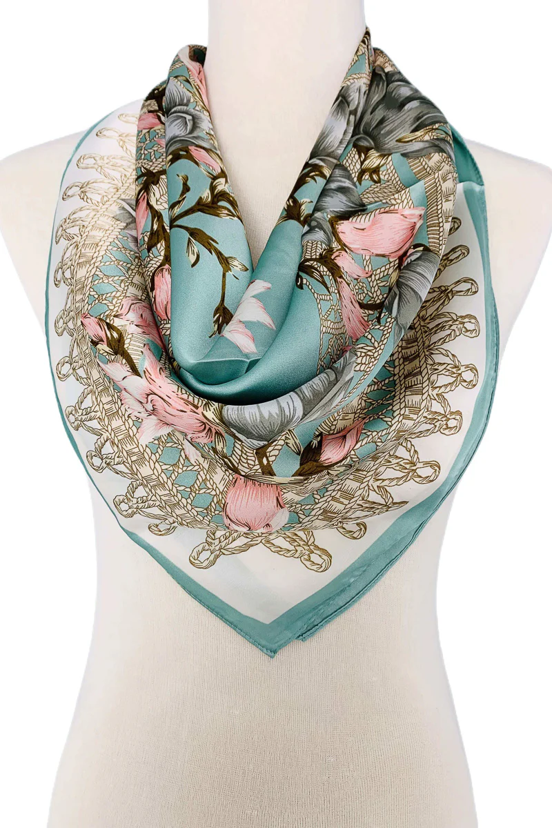Luxurious-Feel Square Floral Scarf Aqua & Pink