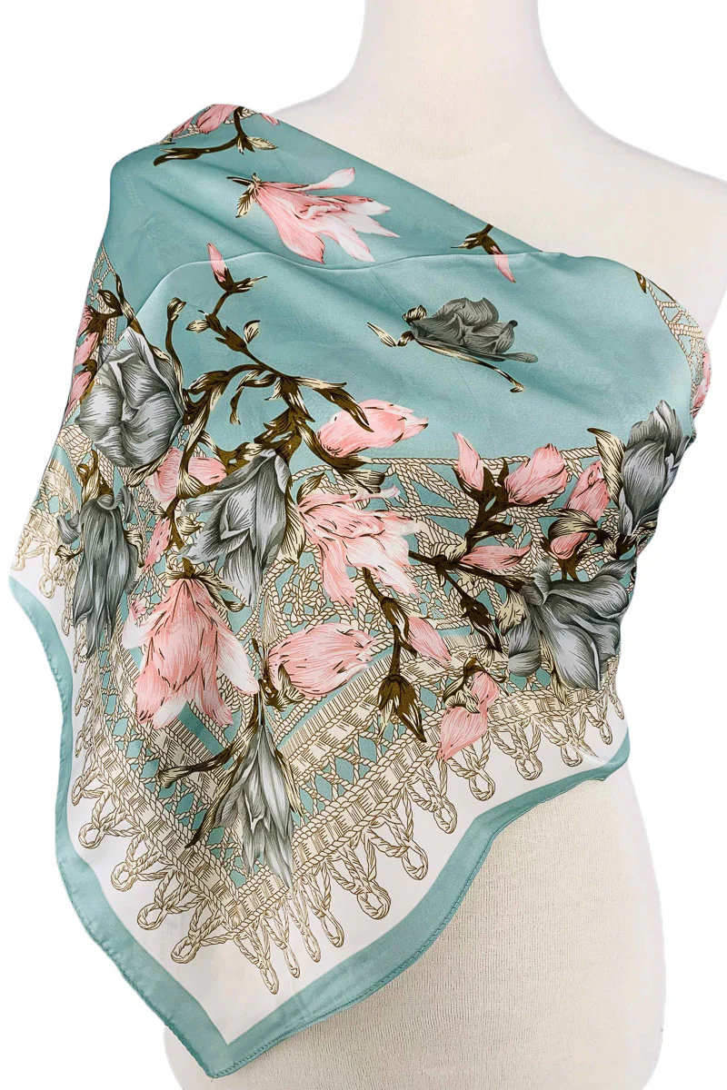 Luxurious-Feel Square Floral Scarf Aqua & Pink - Image 2