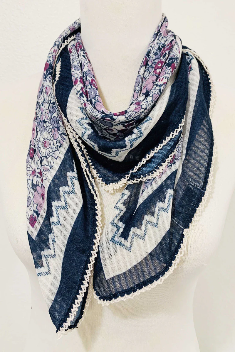 Embroidered Edge Floral Square Scarf Blue-Pink