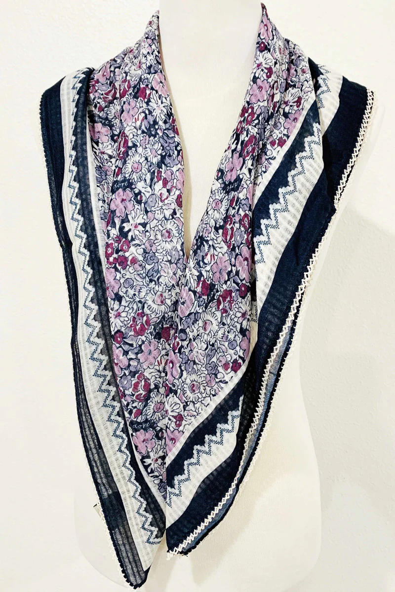 Embroidered Edge Floral Square Scarf Blue-Pink - Image 2
