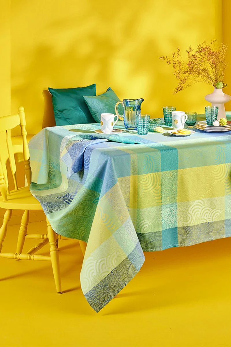 Garnier-Thiebaut Mille Rainures Coated Tablecloth with Umbrella Hole 59" Round Atoll - Image 2