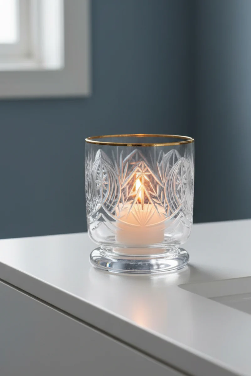Gilded Rim Cut Glass Container Small Gold
