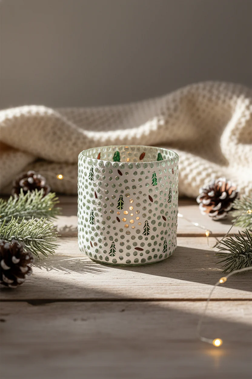 Glass Mosaic Tealight & Votive Holder with Trees 4.75"