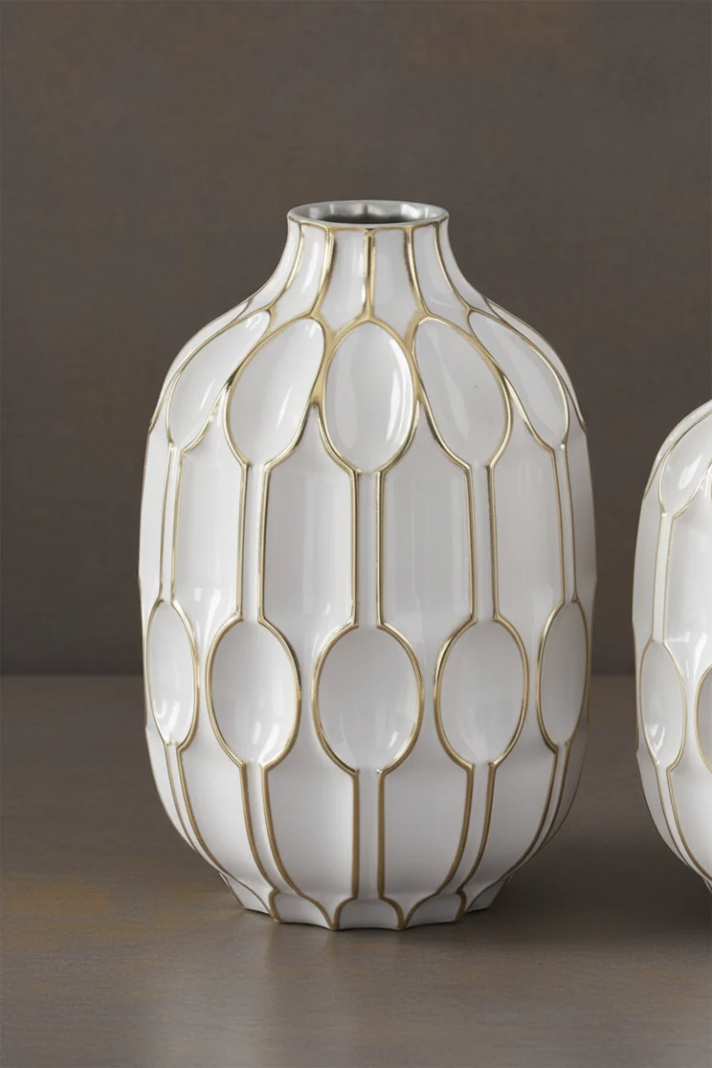 Glass Oval Embossed Vase Large White & Gold