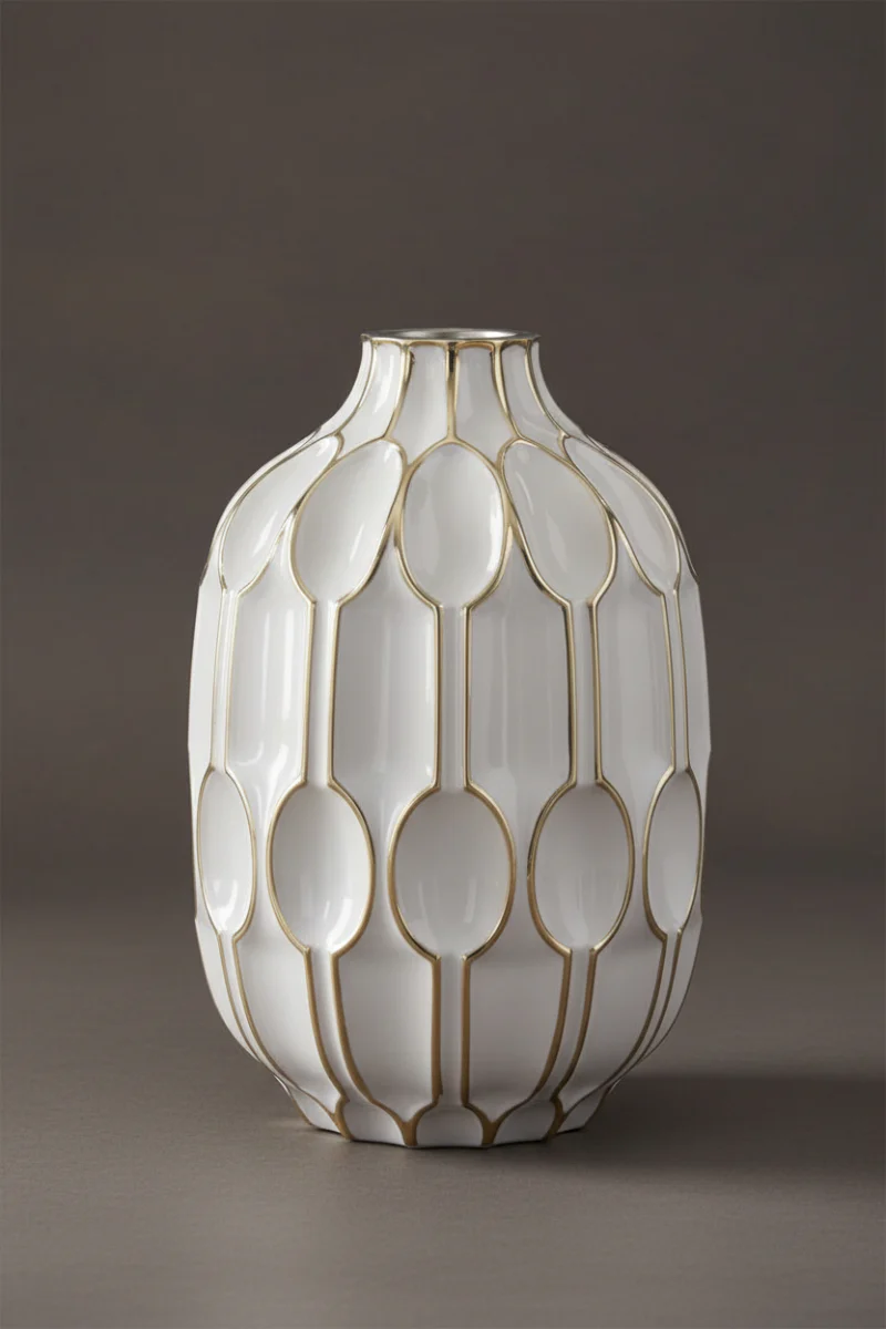 Glass Oval Embossed Vase Small White & Gold