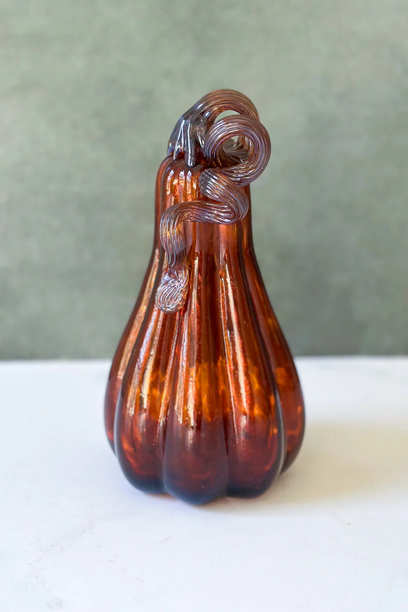 Fall Glass Gourd With Curly Stem 4.5"x9" Amber