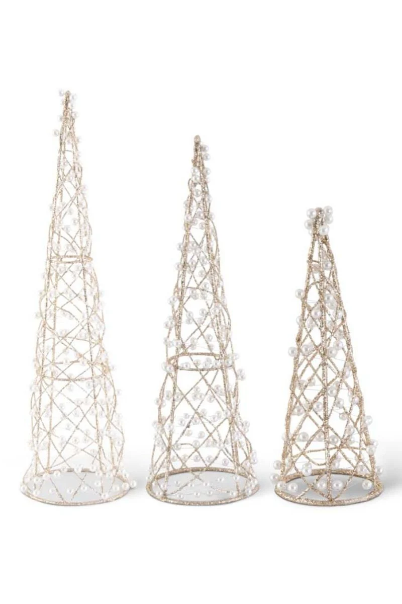 Glittered Cone Tree with Pearls Medium Gold