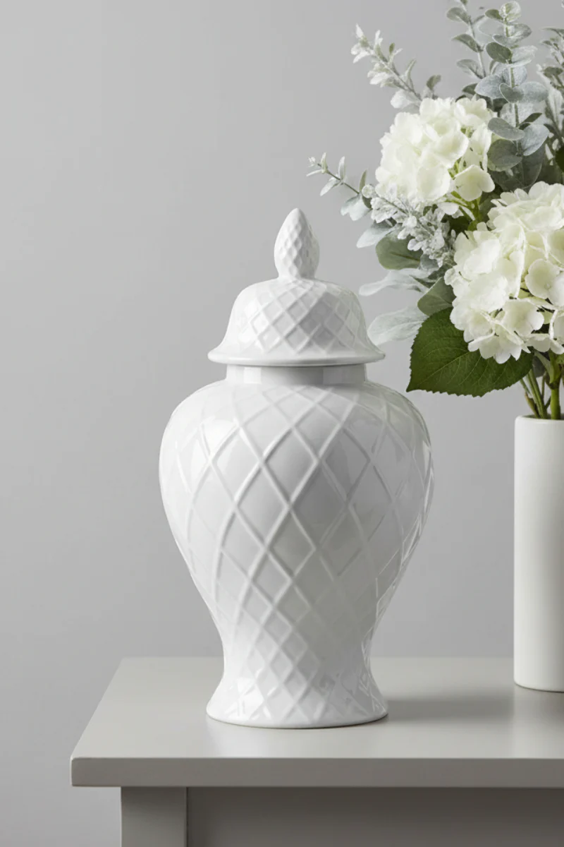 Grid Pressed Ceramic Ginger Jar 20.5" White
