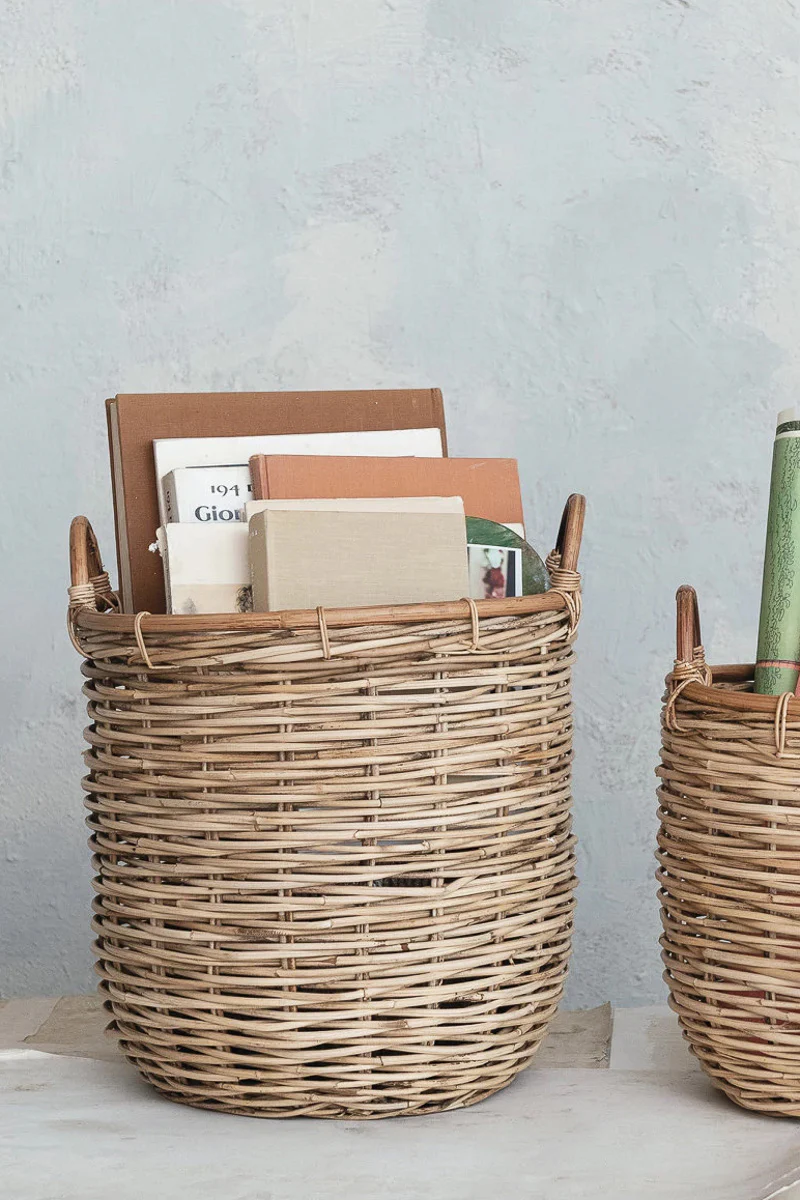 Creative Co-Op Hand-Woven Rattan Basket with Handles Natural Large