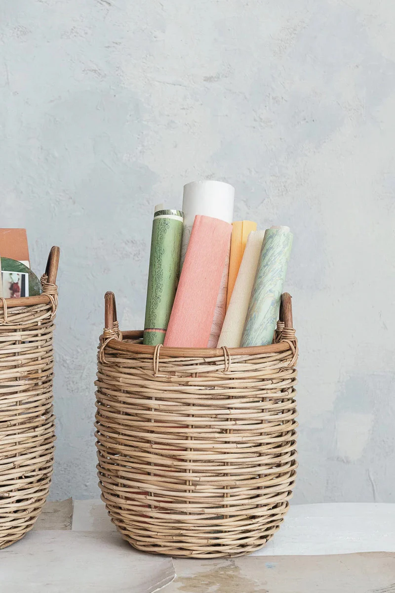 Creative Co-Op Hand-Woven Rattan Basket with Handles Natural Small