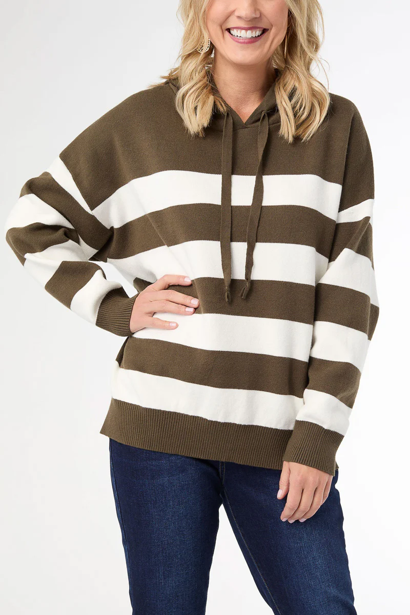 Heavenly-Luxe Stripe Pullover with Hood S/M Olive & Cream - Image 2
