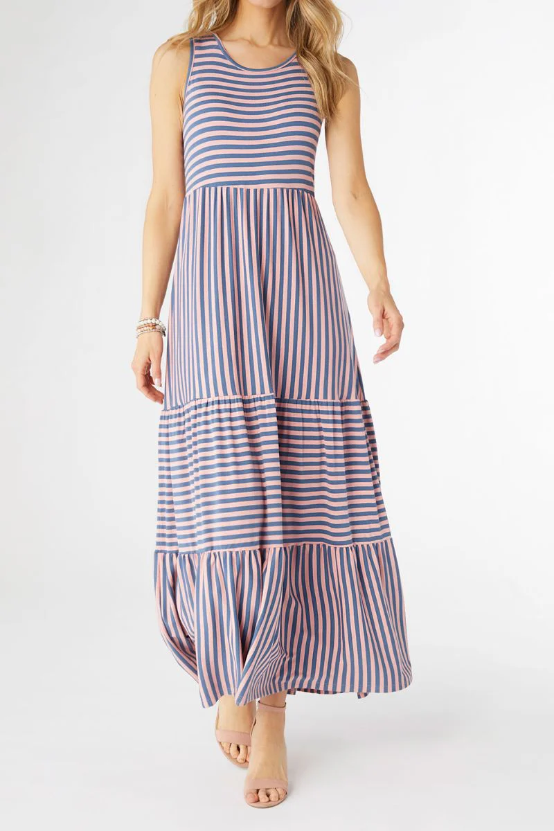 Janie Striped Tiered Maxi Dress Small/Medium Pink/Blue